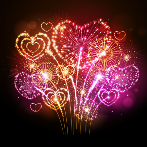 Beautiful fireworks with heart vector 01