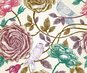 Birds with flower retro pattern vector