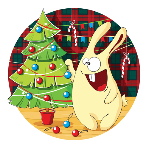 Cartoon bunny decorates with christmas tree vector