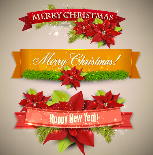 Christmas banners with red flower vector