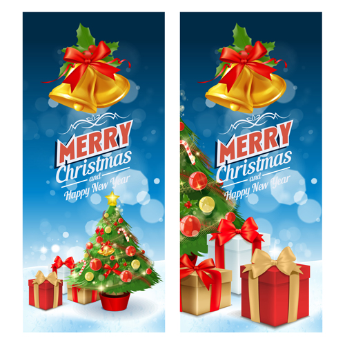 Christmas bell with gift and xmas tree banners vector 01