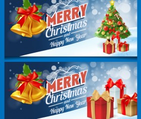 Christmas bell with gift and xmas tree banners vector 02