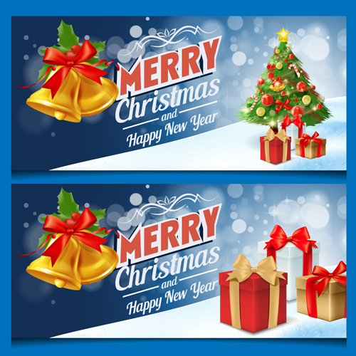 Christmas bell with gift and xmas tree banners vector 02