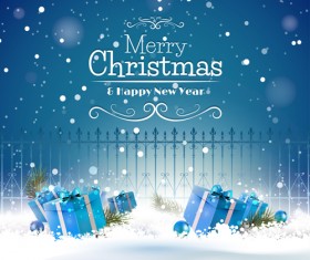 Christmas blue gifts with fence vector background