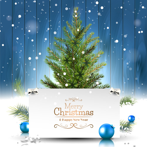 Christmas card with baubles and wood background vector