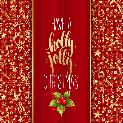 Christmas cards with holly berry vector material 05