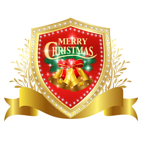 Christmas golden shield with ribbon vector 01