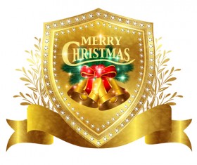Christmas golden shield with ribbon vector 02