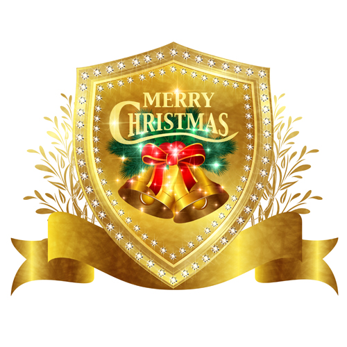 Christmas golden shield with ribbon vector 02