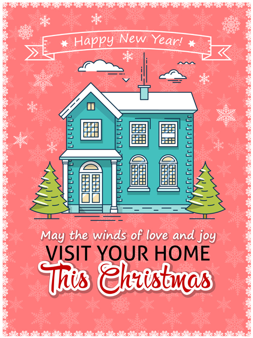 Christmas greeting cards with house vector 02
