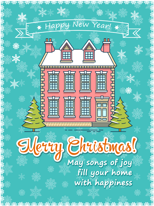 Christmas greeting cards with house vector 09