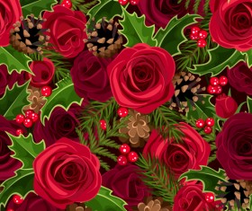 Christmas holly berries and fir-cone with rose seamless pattern vector