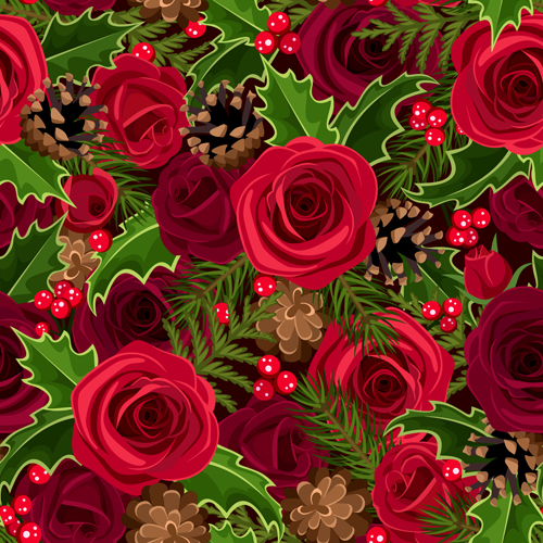 Christmas holly berries and fir-cone with rose seamless pattern vector