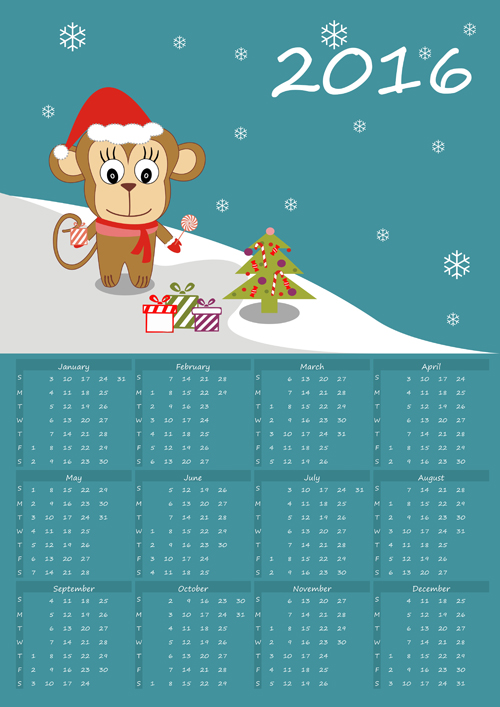 Cute monkey with 2016 calendar vector