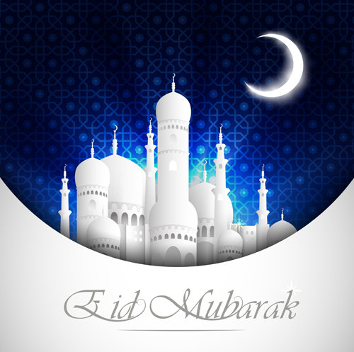 Eid mubarak with Islamic building background vectors 01