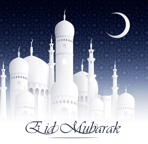 Eid mubarak with Islamic building background vectors 02