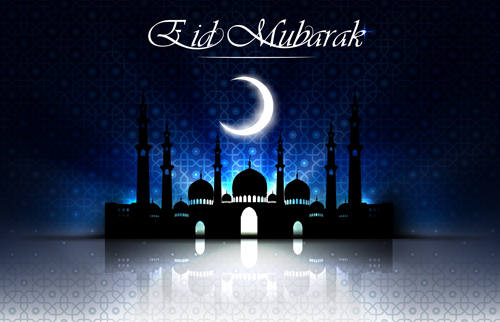 Eid mubarak with Islamic building background vectors 04
