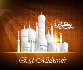 Eid mubarak with Islamic building background vectors 06