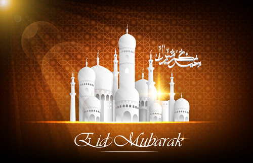 Eid mubarak with Islamic building background vectors 06
