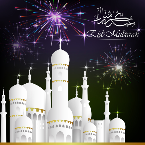 Eid mubarak with Islamic building background vectors 07