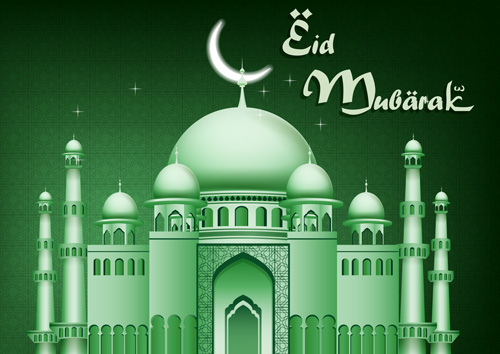 Eid mubarak with Islamic building background vectors 08