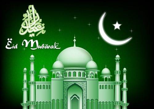 Eid mubarak with Islamic building background vectors 09