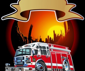 Fire truck with city vector 01