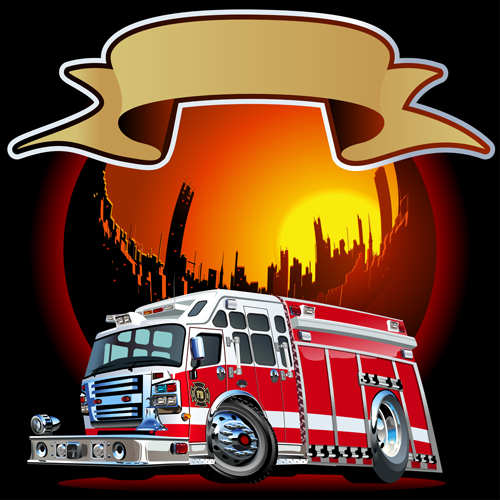 Fire truck with city vector 01