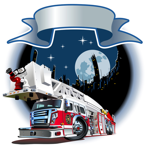 Fire truck with city vector 02