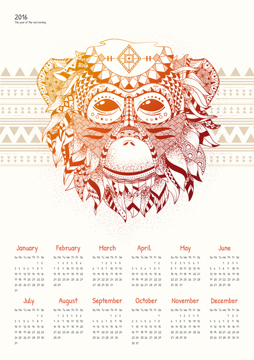 Floral monkey with 2016 calendar vector