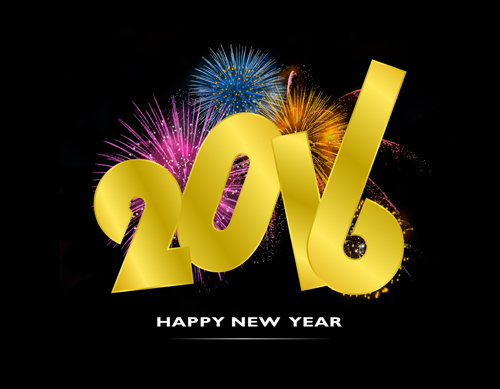 Golden 2016 text with fireworks background vector 01