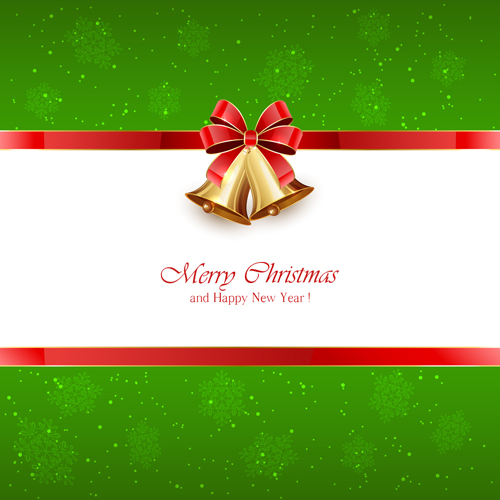 Green Christmas background with bells and red bow vector free download