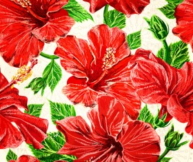 Green leaves with red flowers vector seamless pattern