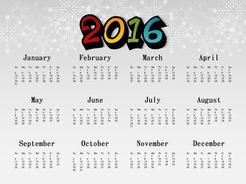 Modern 2016 calender with snowflake background