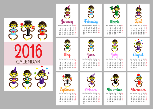 Monkey 2016 calendars creative vector 02