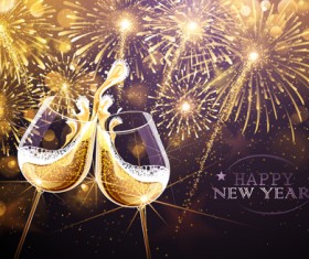 New year fireworks with wine cup vector