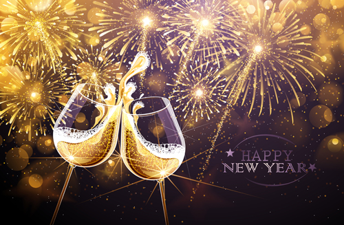 New year fireworks with wine cup vector