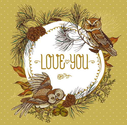 Owl with vintage cards vector 03