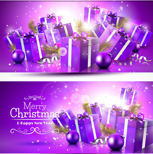 Purple christmas gift boxs banners vector