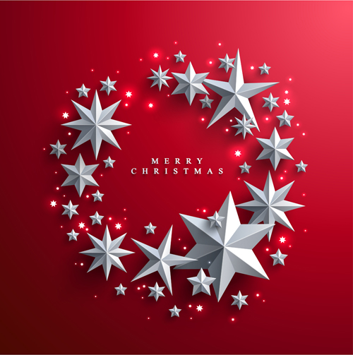 Red christmas backgroung with paper stars vector 02