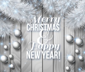 Silver christmas baubles with wooden background vector