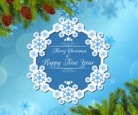 Snowflake frame with pine branches background vector 02
