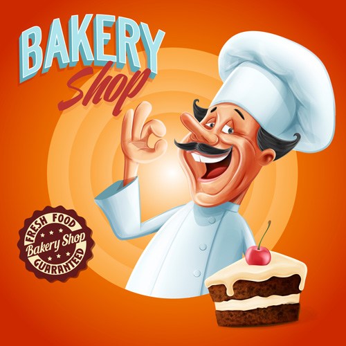 Vintage cake poster with chef vector 02