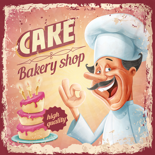 Vintage cake poster with chef vector 03