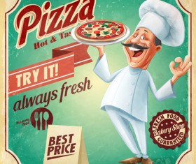 Vintage pizza poster with chef vector 01