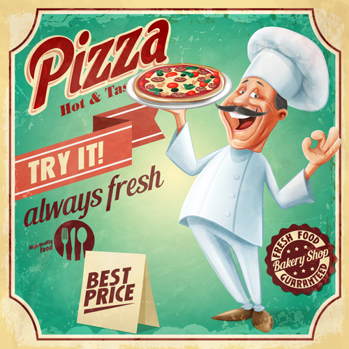 Vintage pizza poster with chef vector 01