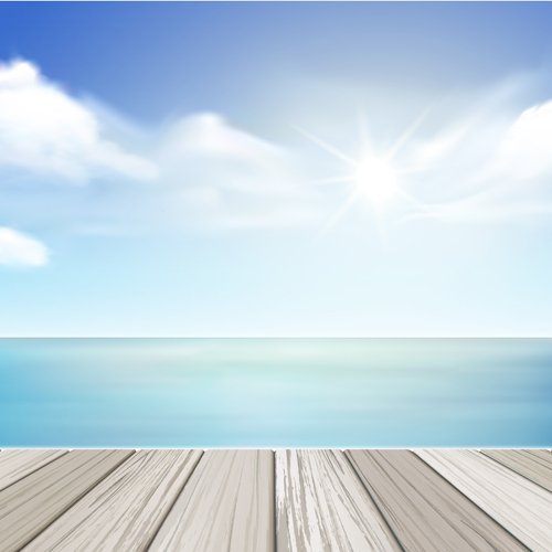 White cloud blue sky with wood board background vector set 01