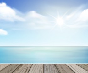 White cloud blue sky with wood board background vector set 02
