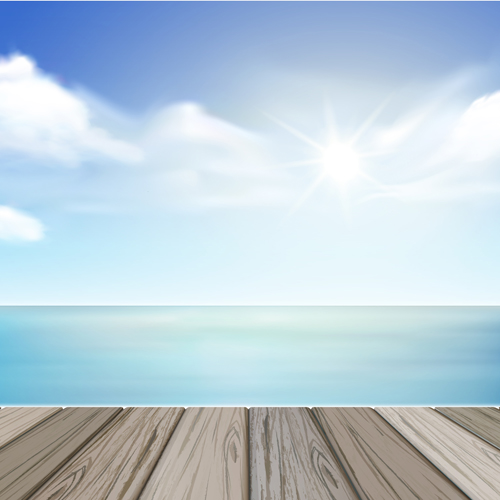 White cloud blue sky with wood board background vector set 02