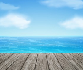 White cloud blue sky with wood board background vector set 04